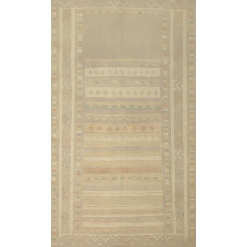 Hand Woven Oriental 100% Wool Carpet Southwestern Tribal Beige & Ivories Kilim Area Rug - 9' 11'' X 6' 8''