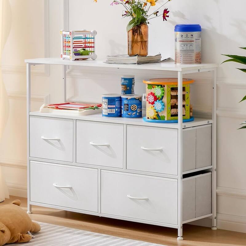 Modern 5 Fabric Drawer 11.8 in. Wide Chest of Drawers with Open Shelf & TV Stand for 45 Inch TV Living Room