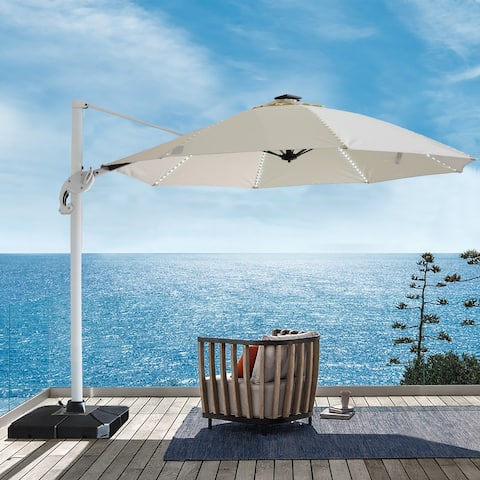 10 FT Outdoor Cantilever Offset Solar Powered Lighted Round Umbrella with Fiberglass Ribs, Base Not Included