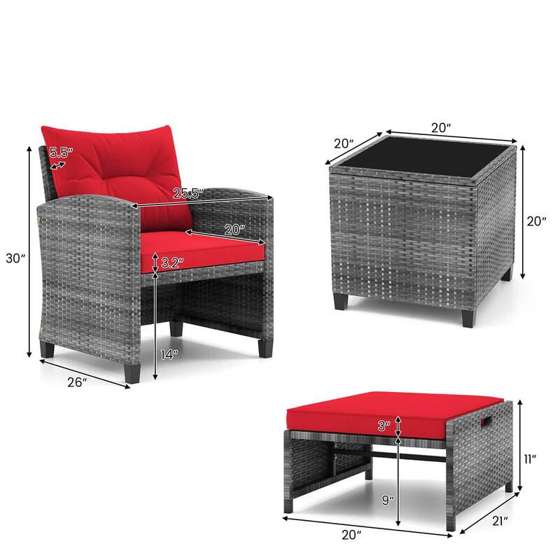 Gymax 5PCS Outdoor Rattan Furniture w/ 2 Ottomans & Tempered Glass