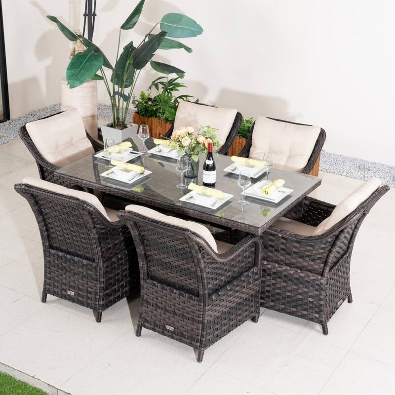 7-piece Modern Outdoor All-Weather Wicker Rectangular Dining Table and Chairs