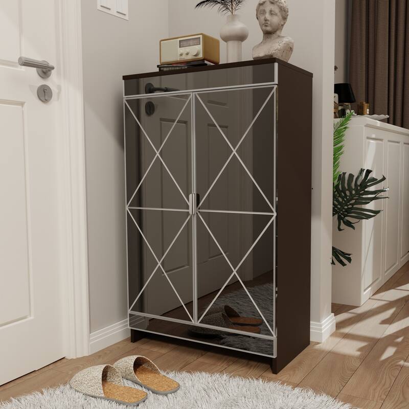 Anmytek Mirrored Shoe Storage Cabinet with Double Doors, Silver Edging, Brown Glass Finish for Entryway