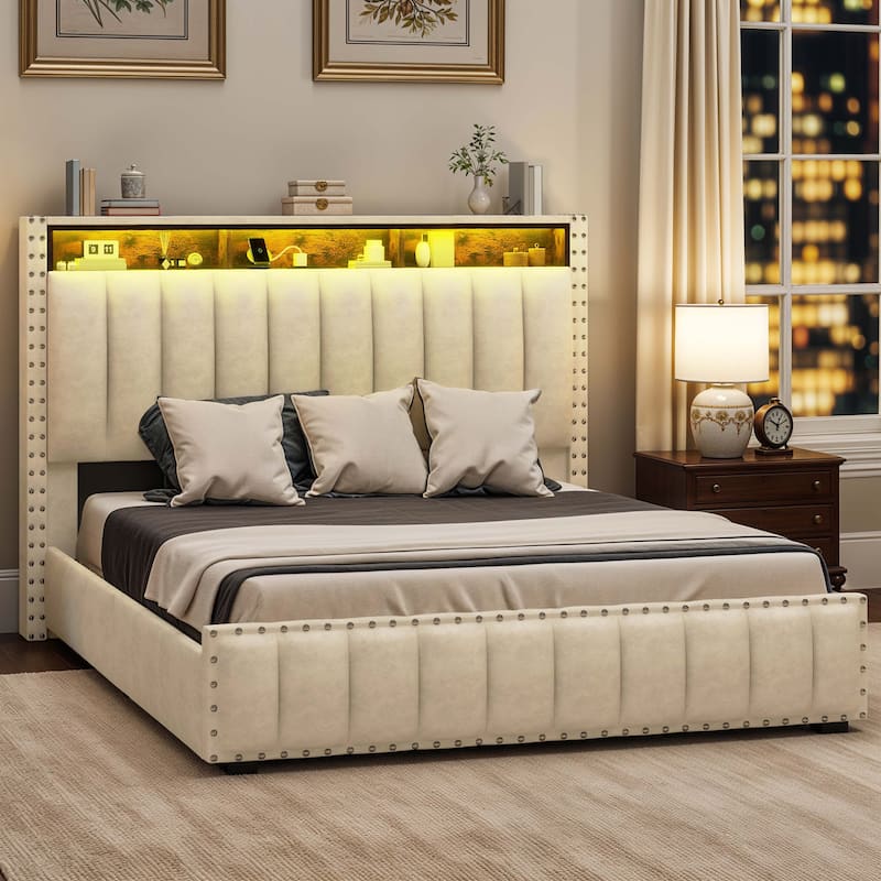 Moasis King Bed Upholstered Platform with Button-Tufted Frame - Beige - Full