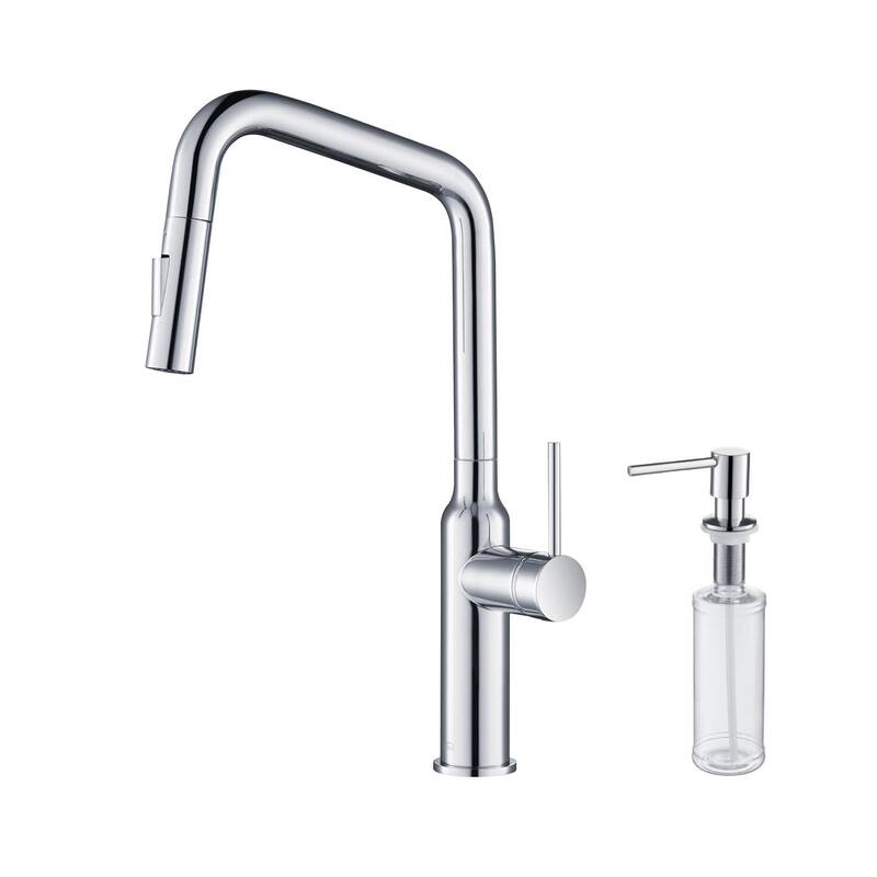 Brass High Arc Single Lever Kitchen Faucet with Pull Down Sprayer - Chrome W/ Soap Dispenser