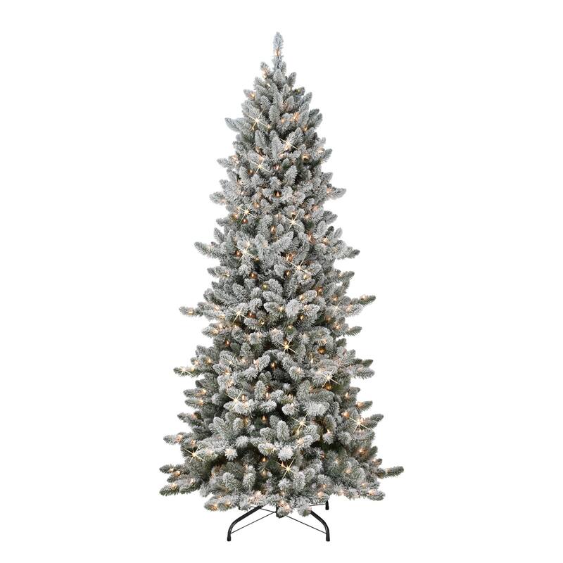 7.5' Slim Flocked Spruce Artificial Christmas Tree, Clear Lights - 7.5 Foot