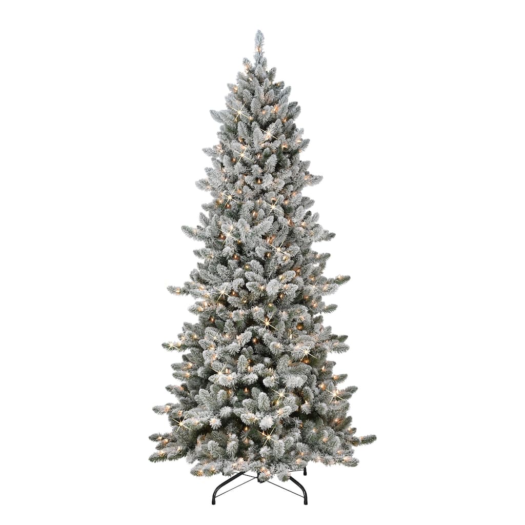 7.5' Slim Flocked Spruce Artificial Christmas Tree, Clear Lights - 7.5 Foot