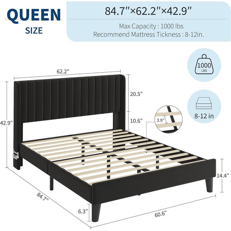 Velvet Upholstered Platform Bed Frame with Tufted Wingback Headboard, No Box Spring Needed