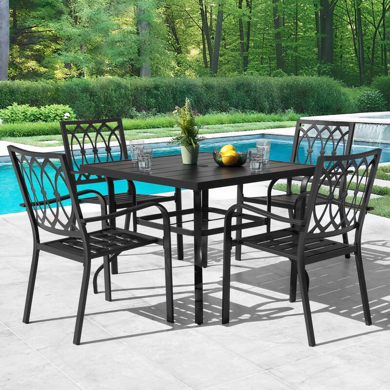 Metal Outdoor Dining Set with Umbrella Hole and Stackable Chairs