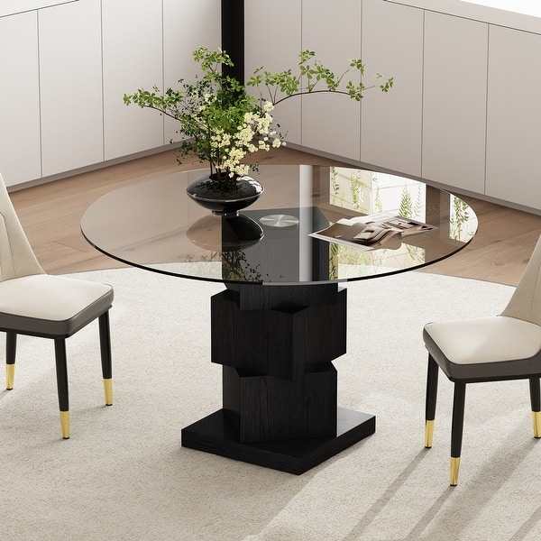 Modern Round Glass Dining Table with Wood Base - Bed Bath & Beyond ...