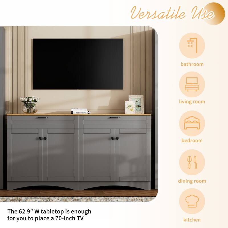 Large TV Stand Display Cabinet Set for TVs Up to 70", Wood Media Console Table Entertainment Center with Cabinet, 2 Drawers