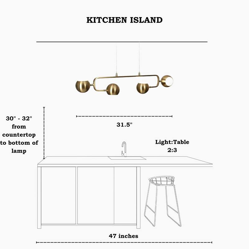 Modern 4-Light Gold Brass LED Chandelier Metal Linear Island Lights for Dining Room