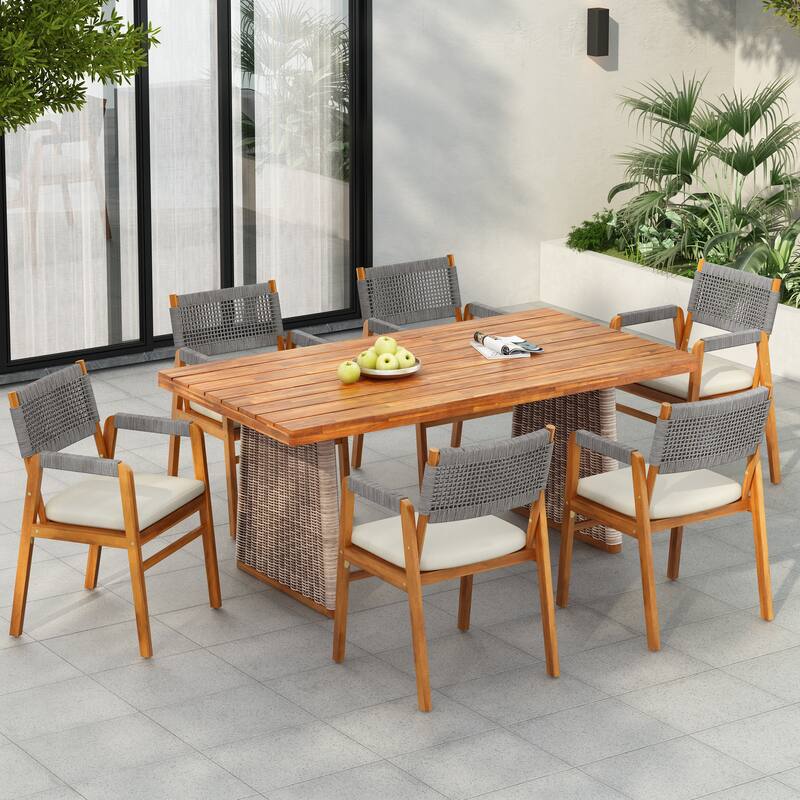 Christopher Knight Home - Kael Outdoor Acacia Wood Dining Set with Rope-Woven Armchairs and Cushions - Grey Rope+Brown Wicker+Beige Cushion