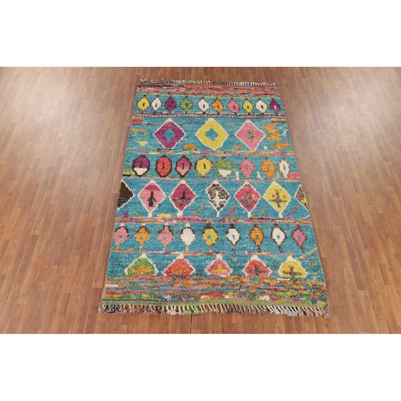 Hand Knotted Oriental 100% Wool Carpet Modern Tribal Navy Blue & Blues Moroccan Area Rug - 9' 8'' X 6' 2''