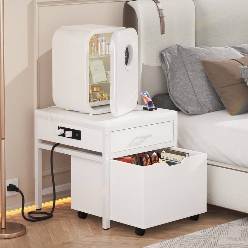 Mini Fridge Stand with Charge Station, Side/ End Table with Storage Drawers and Rolling Cabinet