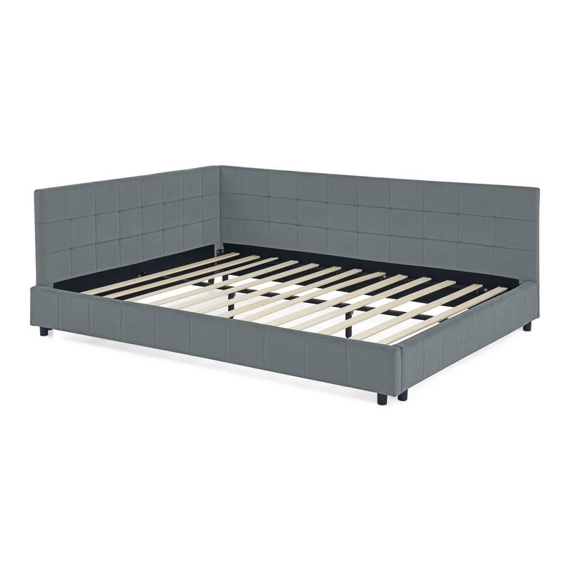 Queen Size Upholstered Tufted Daybed, Velvet Fabric Queen Bed Frame with L Shaped Backrest and Armrests, Wood Slats Support