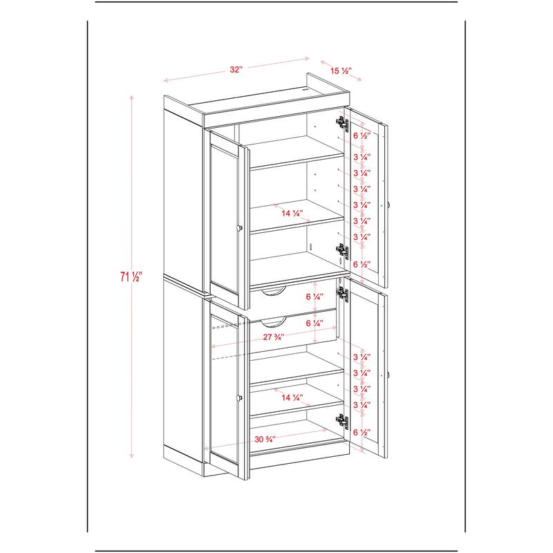 Palace Imports 100% Solid Wood 32" Pantry Cabinet with Shaker Doors, 2-Drawers and Adjustable Shelves