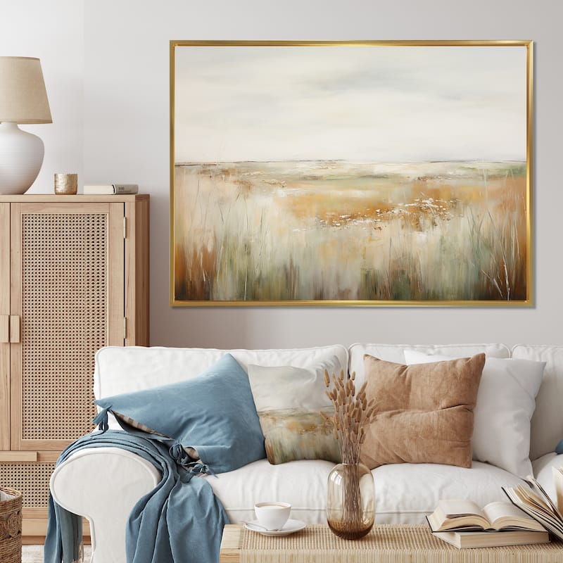 Designart "Meadow Grasslands Minimalism II" Landscapes Framed Wall Art Living Room - 44 in. wide x 34 in. high - Gold