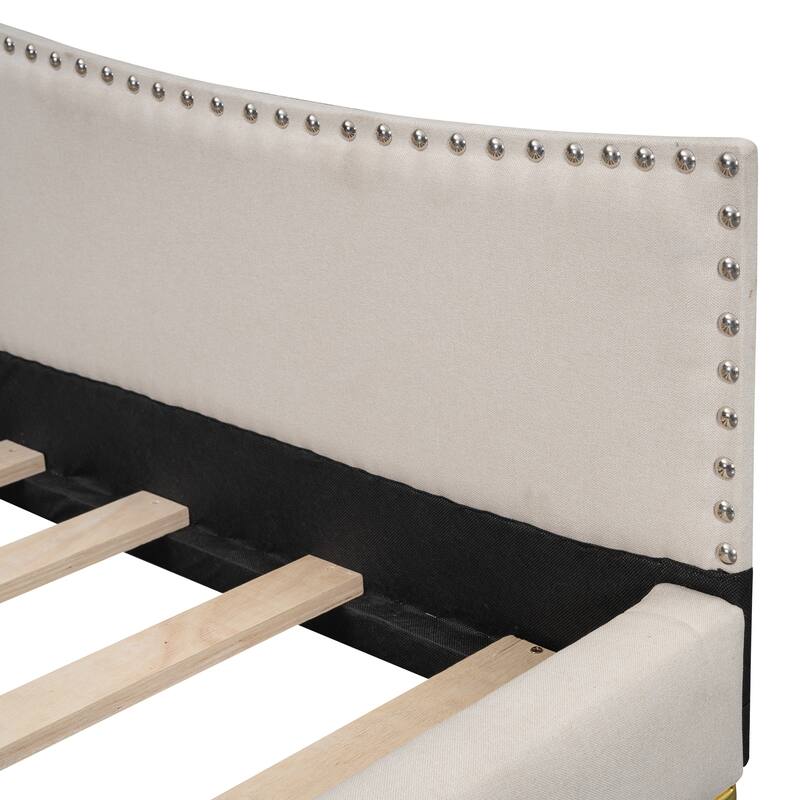 Modern Upholstered Full Size Daybed with Headboard and Armrest, Beige Linen Fabric, Sturdy Wood Frame