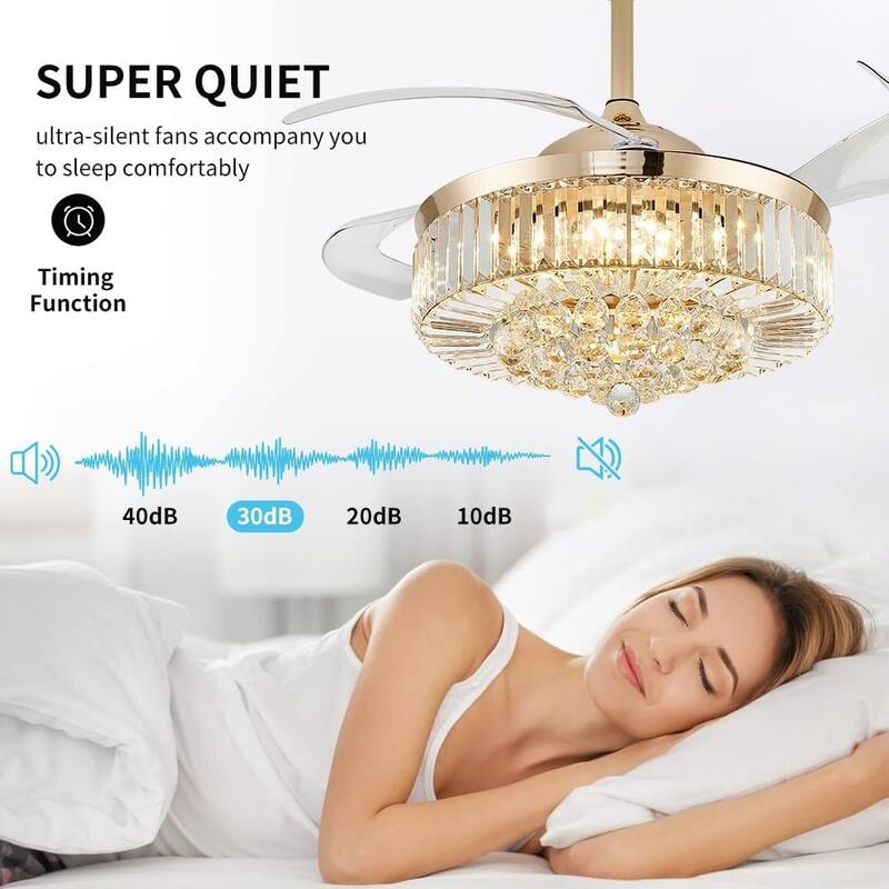42'' Fandelier Ceiling Fan with Light, Retractable Chandelier Fan LED Dimmable Crystal Ceiling Fan for Bedroom Living Room