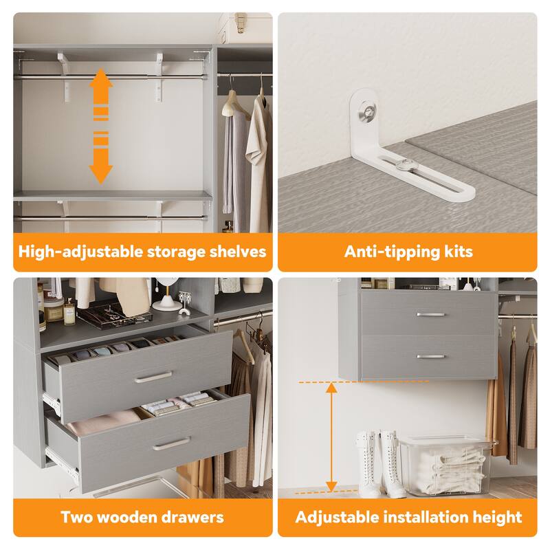 Closet System with 2 Sets, 154'' Walk-in Closet Organizer System with 2 Drawers & 8 Hanging Rods & 6 Reversible Shelf Towers