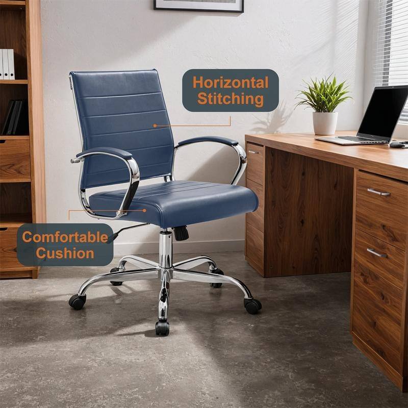 Benmar Modern Leather Ribbed Executive Office Chair with Chrome Frame, Adjustable Height, 360° Swivel, and Rolling Casters
