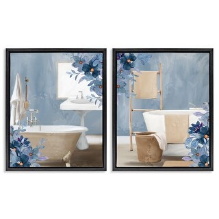 Stupell Bathroom Blues Floral Interior Framed Floater Canvas Wall Art ...