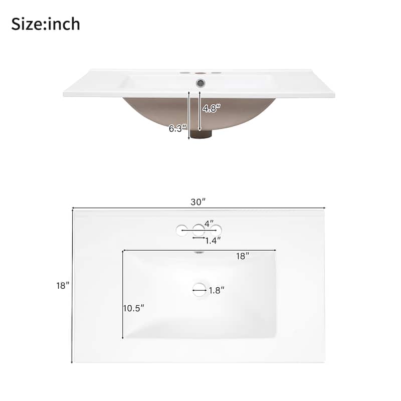 30" Bathroom Vanity with Ceramic Sink, Modern Storage Cabinet with Soft-Close Doors, Deep Drawer & Standard Drawe