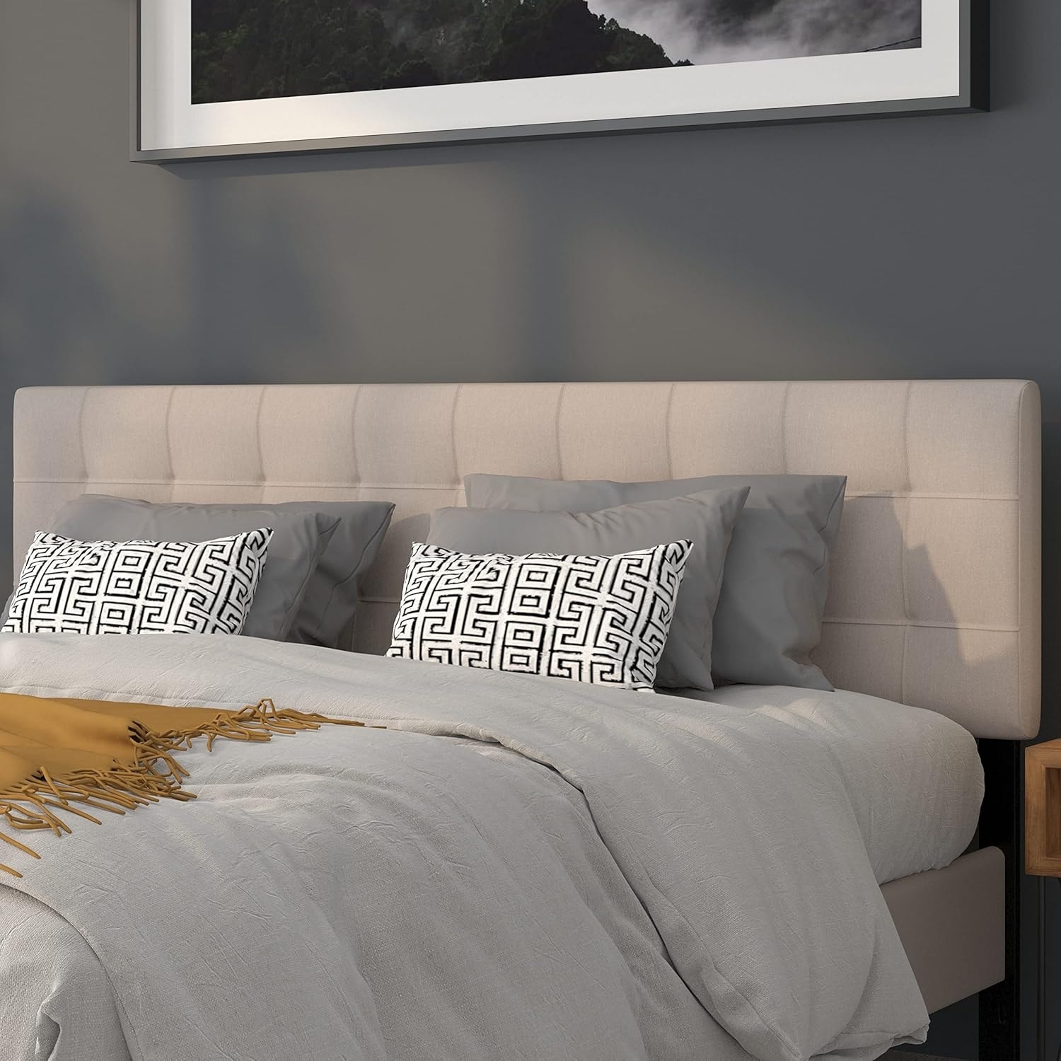 Tufted Upholstered King Size Headboard in Beige Fabric with Adjustable Stands