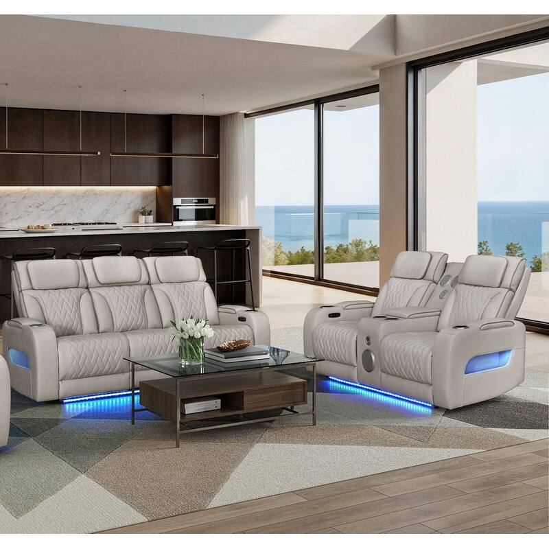 Jazz Leather Aire Pwr Reclining Sofa & Loveseat Set w/Pwr Headrest, BT Spkrs, LED, Wireless Chrg Drop Tbl, USB, Strg & Cuphldrs