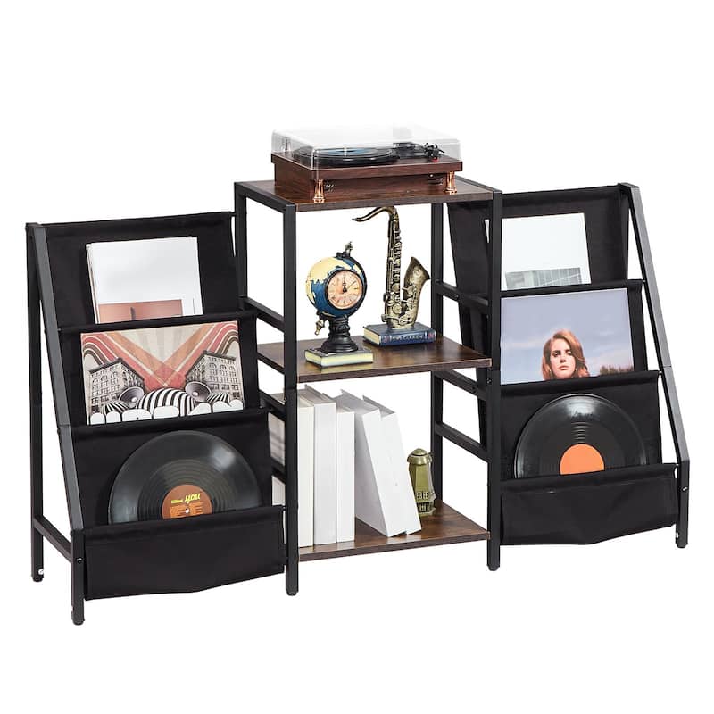 Black 3-Tier Metal Record Player Stand with Built in Power Strip and Oxford Fabric Bags - 49.21" x 11.81" x 29.13"