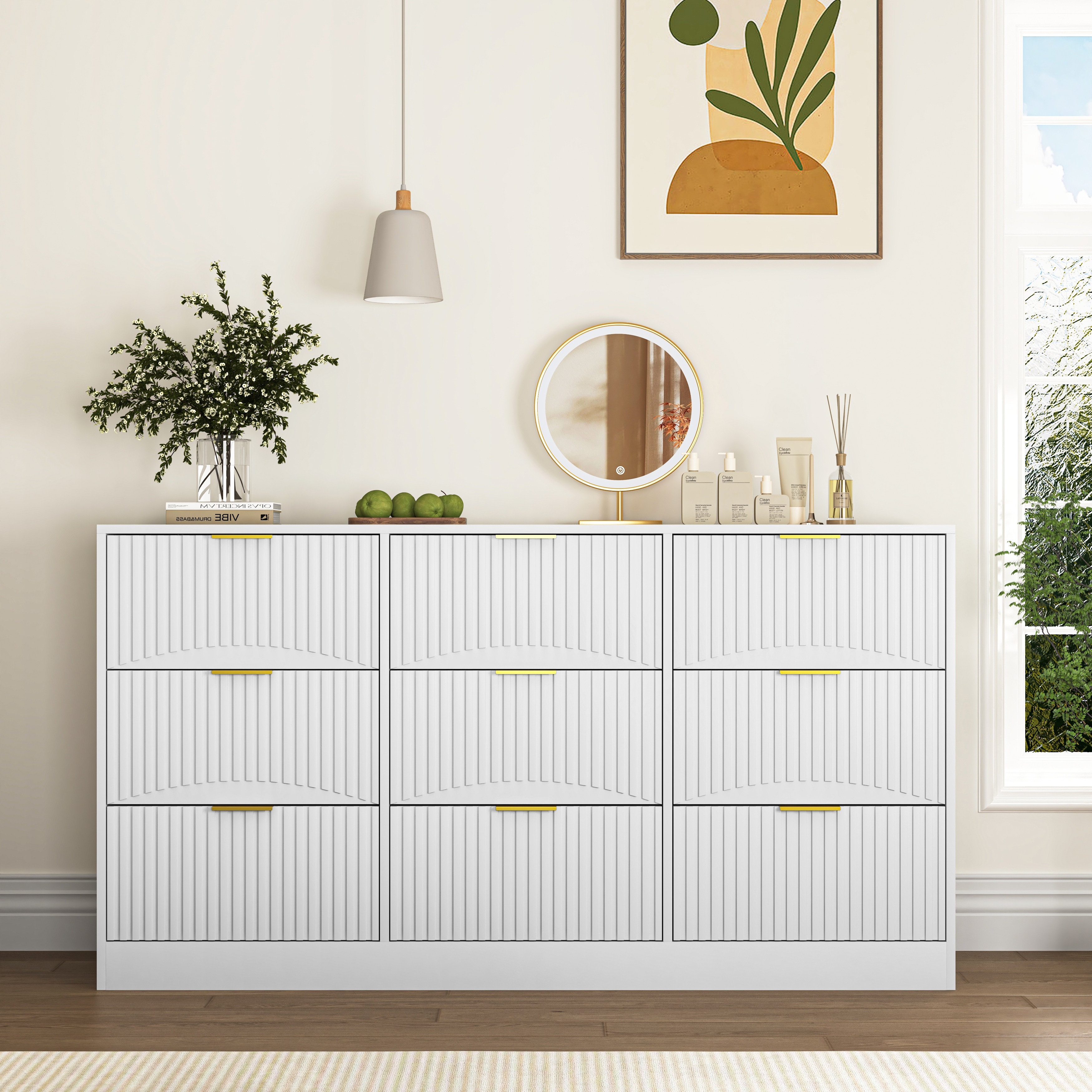 Modern Storage Dresser with 9 Drawers Wavy Drawer Panels by GDFStudio