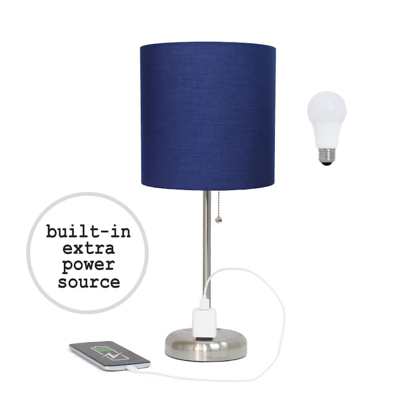 Simple Designs 9.5" Desk Lamp with Charging Outlet and LED Bulb Included - 19.50 - Brushed Steel/Navy Blue Shade