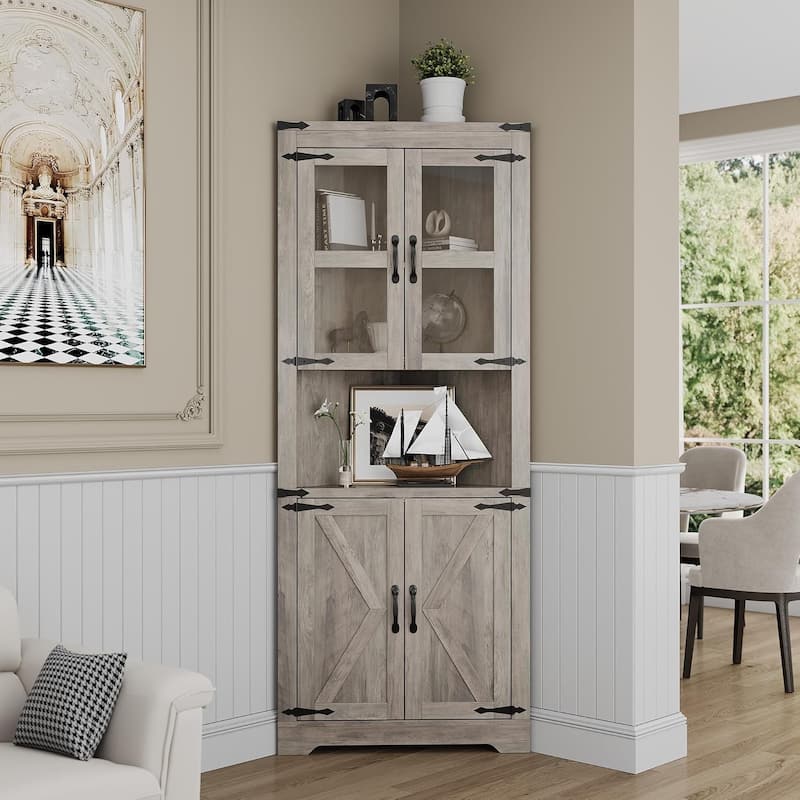 67" Tall Corner Storage Cabinet with Lights, Farmhouse Corner Hutch Display Cabinet with Glass Doors - Grey