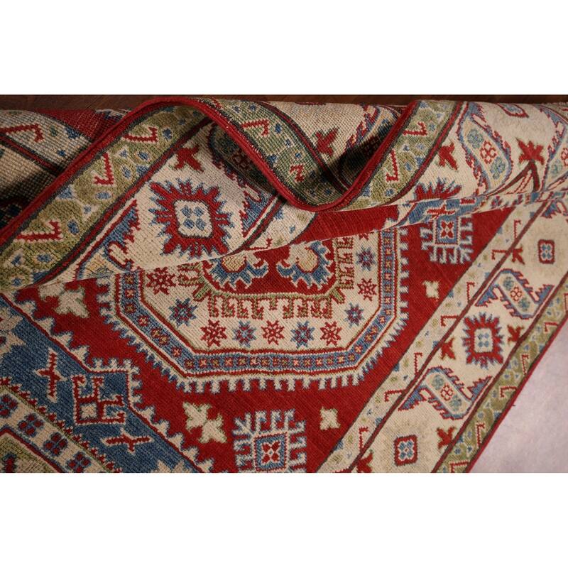 Geometric Red Kazak Runner Rug Hand-Knotted Hallway Wool Carpet - 3'11" x 13'4"