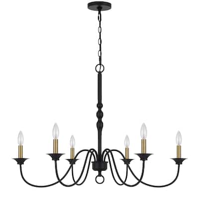 Rino 36 Inch Chandelier, Brass Candelabra Sleeve Accents, Black Metal