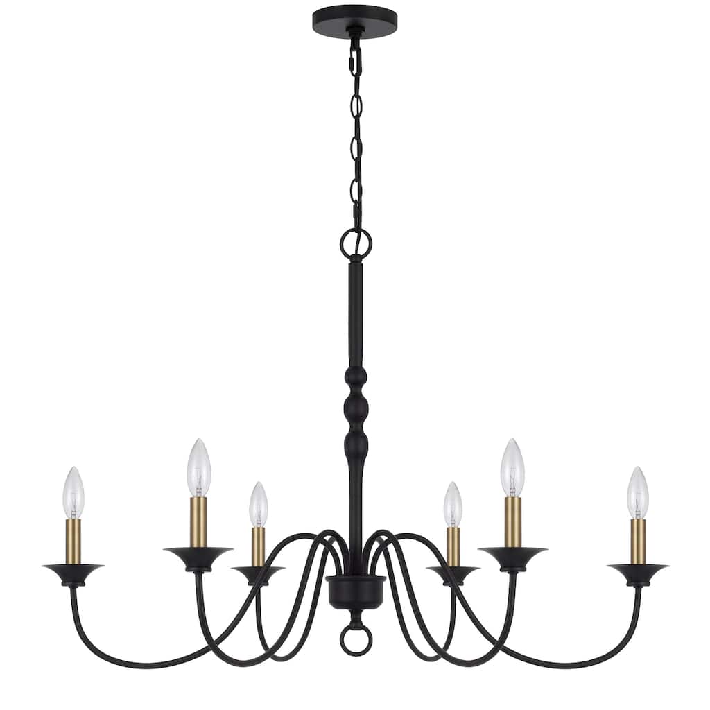 Rino 36 Inch Chandelier, Brass Candelabra Sleeve Accents, Black Metal