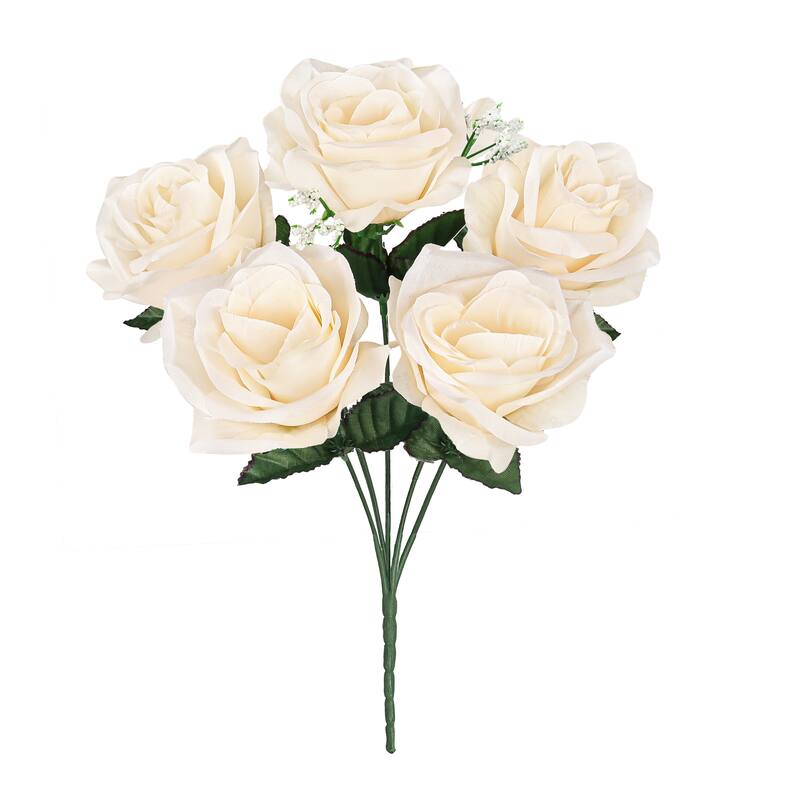 Set of 12 Ivory Artificial Open Rose Flower Stem Bush Bouquet 14in - 14" L x 7" W x 7" DP