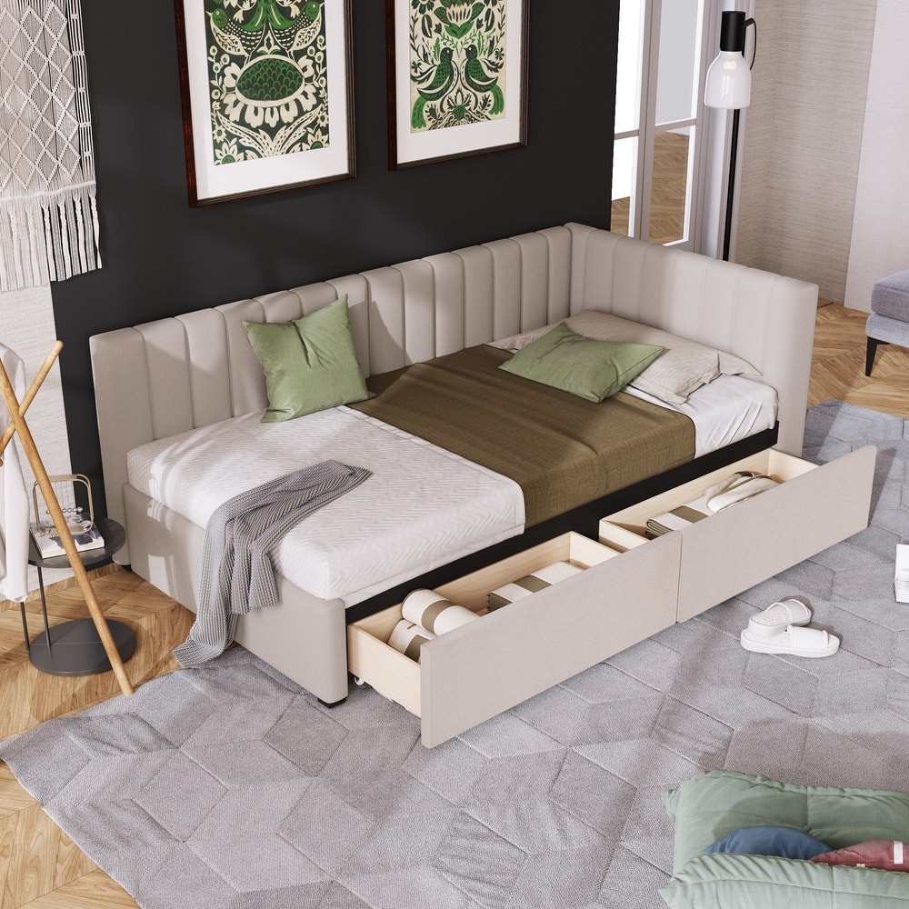 Semi-Closed Platform Bed Twin Size Upholstered Daybed with Storage Drawers, Linen Fabric Sofa Bed Frame with Wood Slat Support