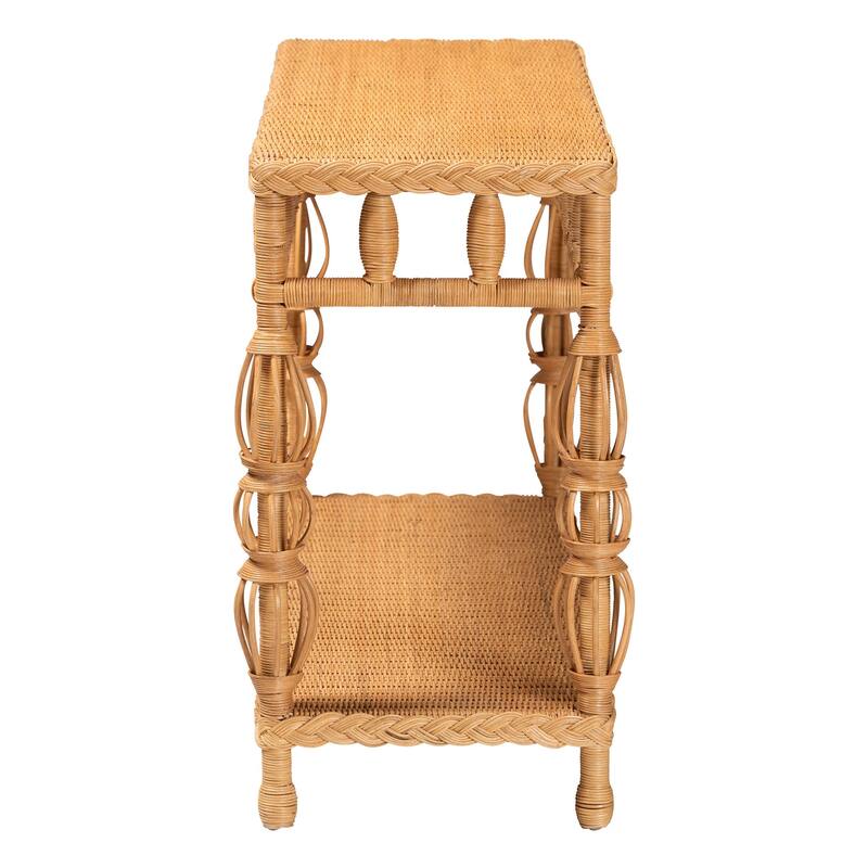 Dolby Natural Rattan Console Table - Handwoven Wicker Accent Table with Openwork Design and Lower Shelf, Coastal Boho Style
