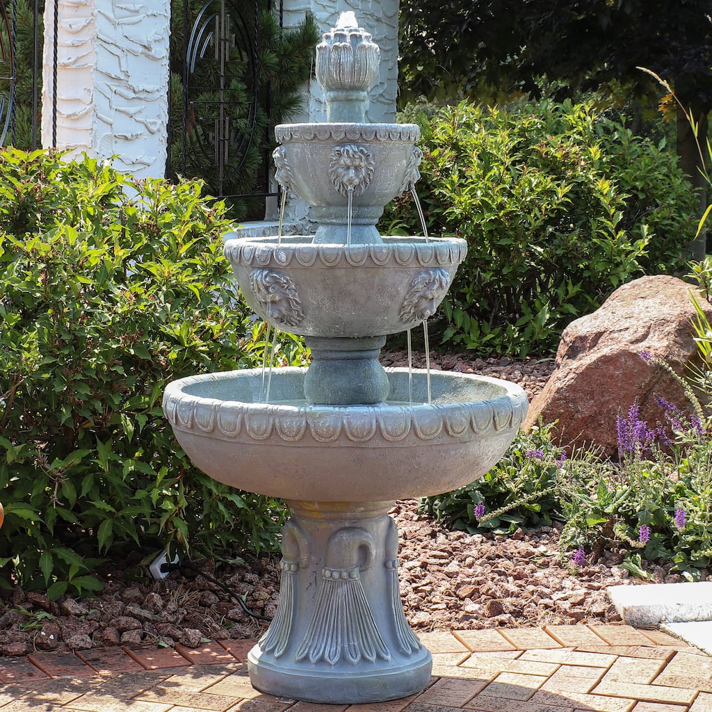 Sunnydaze Lion Head 3-Tier Outdoor Water Fountain with Electric Pump - 53"