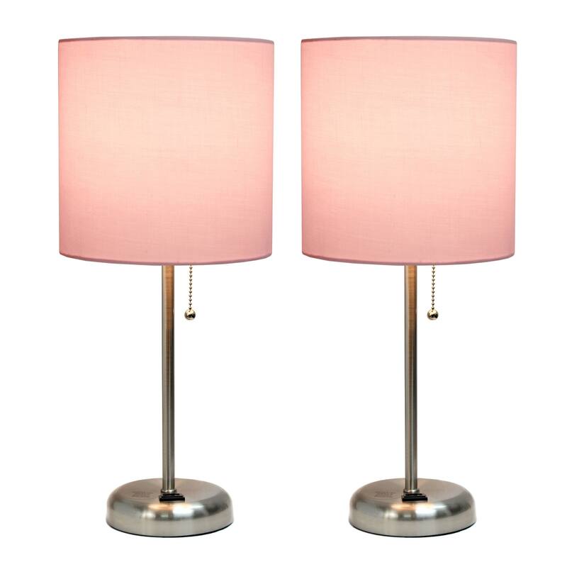 Stick Table Lamps with Drum Shade - 19.5" - Silver and Pink - Set of 2
