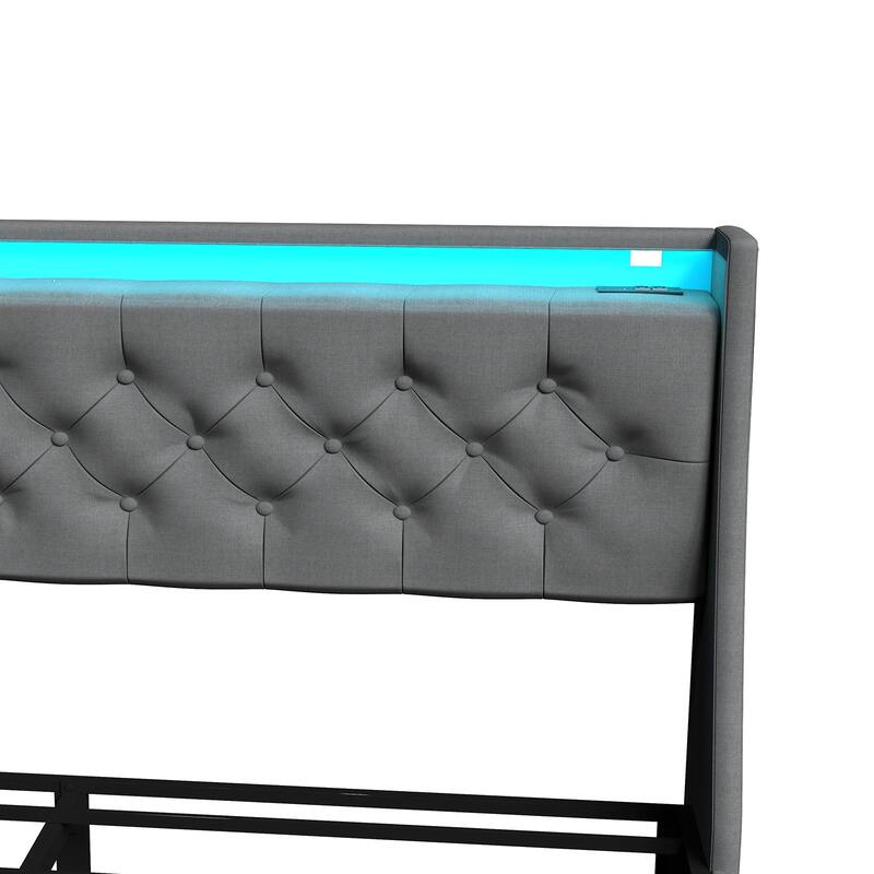 Full Size/Queen Size Bed Frame, Upholstered Platform Bed with RGB LED Light Storage Headboard & USB Charging Station