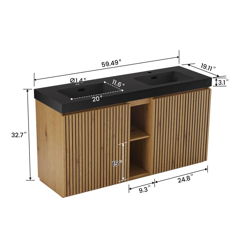 GDFStudio - Galan 60" Freestanding Bathroom Vanity with Quartz Sink, Solf Close Doors, Open Storage Shelf, NO Drain & Faucet