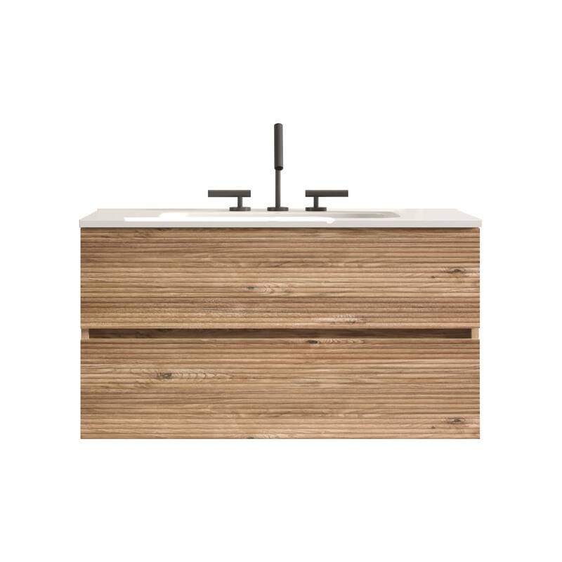 GDFStudio - Gloria Modern Wall-Mounted Floating Bathroom Vanity with Integrated Ceramic Basin & Soft-Close Drawers