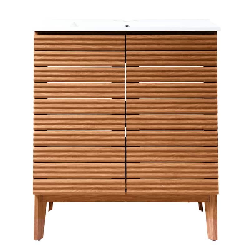 Javer Thin Linear Slat Modern Farmhouse 2-Shelf Bath Vanity Cabinet Only (Sink Basin not Included), by JONATHAN Y - 30 in. - Walnut