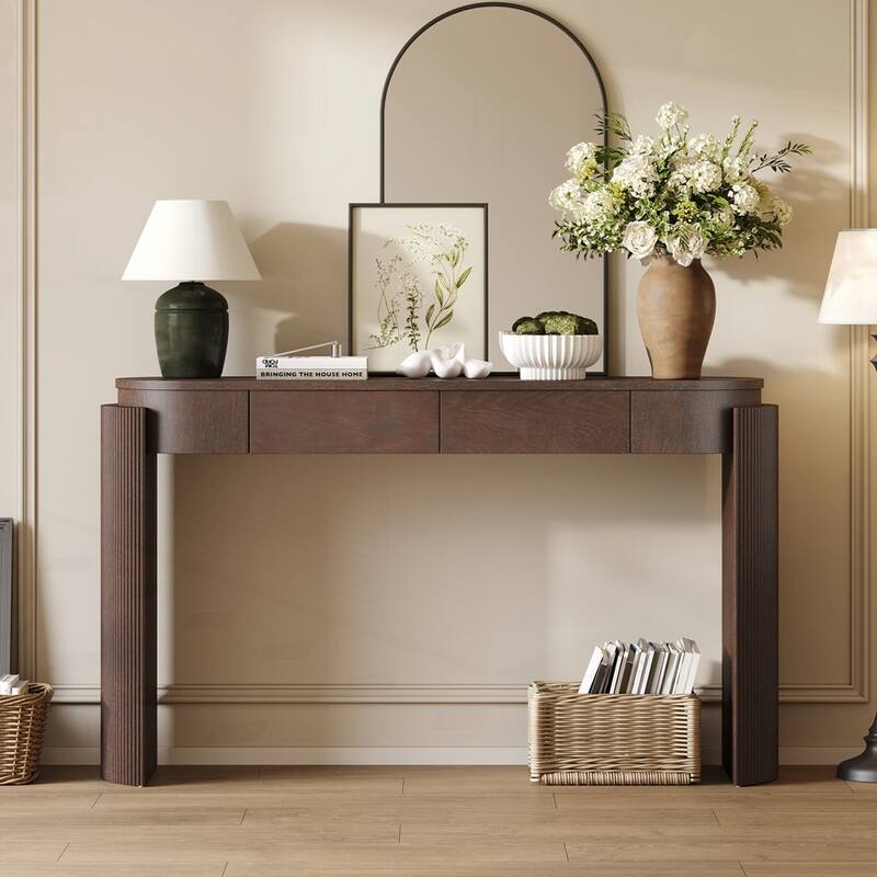 Oval Top and 2 Drawers Entryway Table with Natural Wood Grain Finish - Espresso