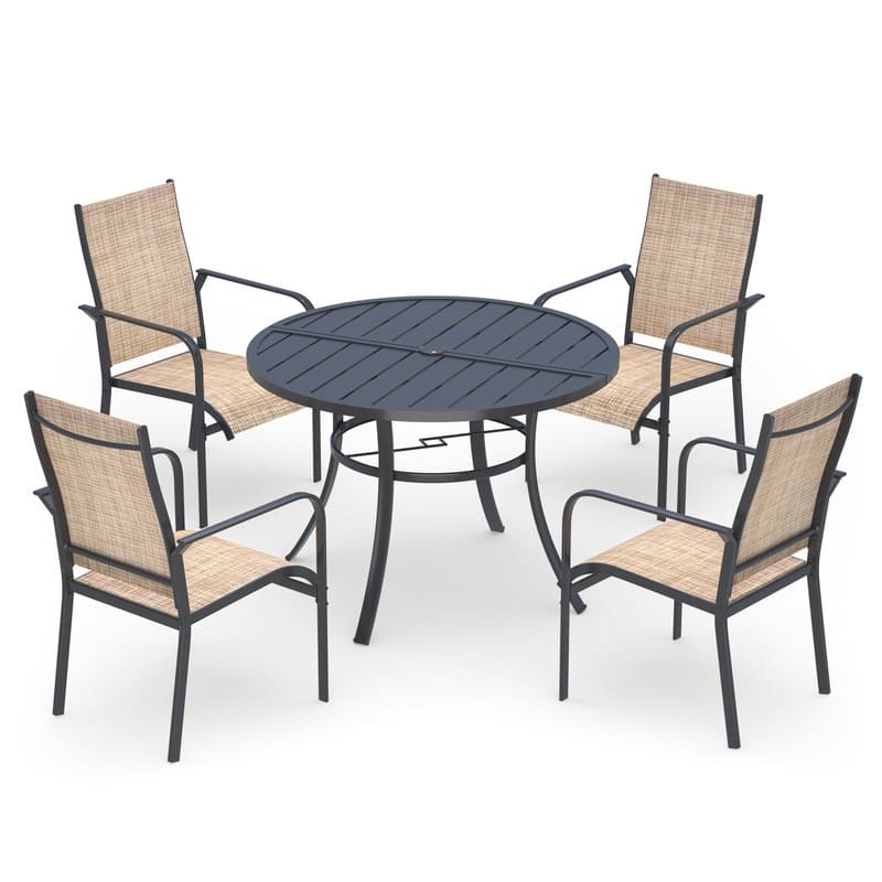 Patio Dining Set, Outdoor Dining Table and Chairs Set with Textilene Chairs, Adjustable Umbrella Hole for Garden, Backyard