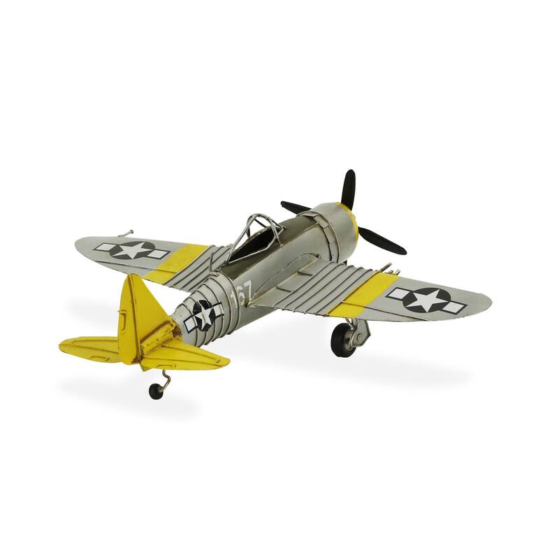 HomeRoots 4" Yellow and Gray Metal Hand Painted P-47D Thunderbolt Model Airplane - 14' X '3.75' X '12.25