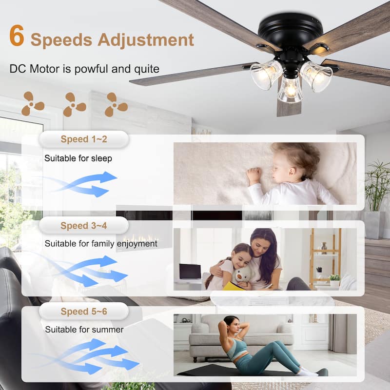 Bella Depot 52" 3-Light Brown Flush Mount Ceiling Fan with Light and Remote Control 6-speed Reversible Timer DC Motor