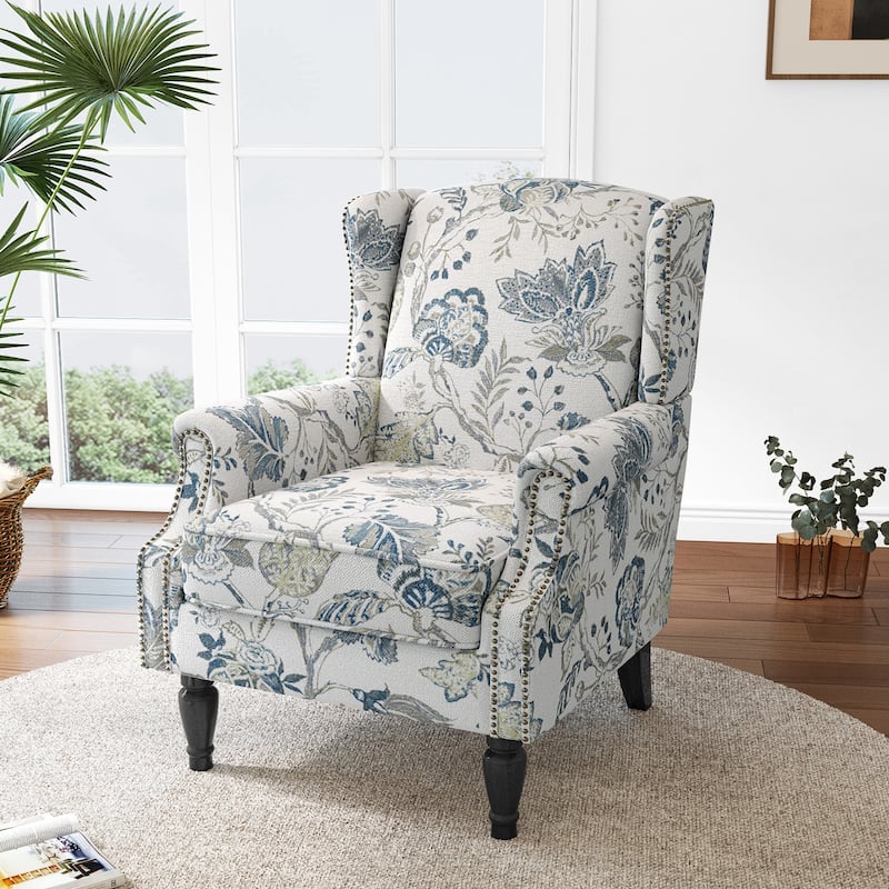 Mid-Century Modern Linen/ Vegan Leather Wing Back Accent Chair